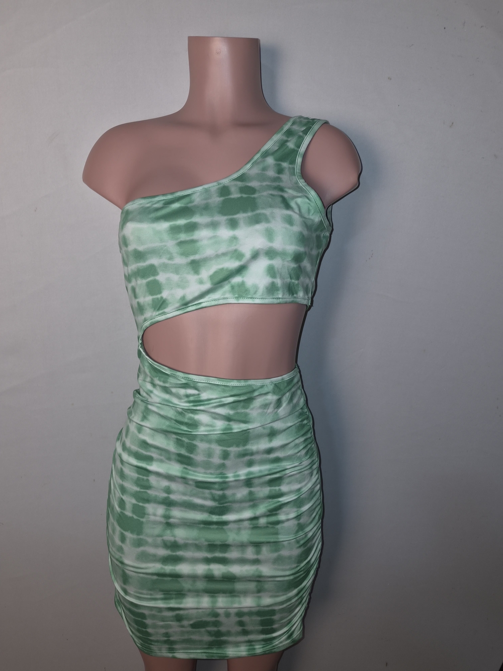 SHEIN Green Tie-Dye One-Shoulder Cutout Bodycon Dress